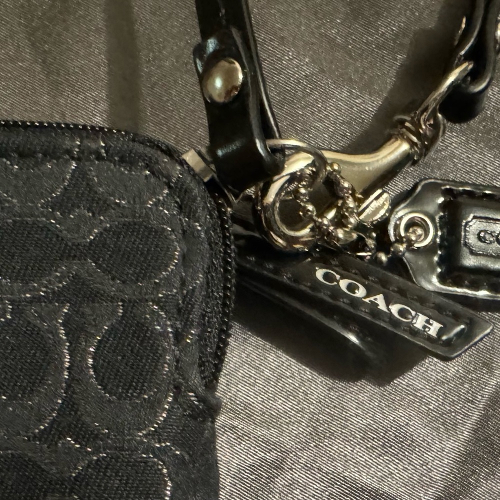 Coach Signature Wristlet-Black & Silver with patent accents